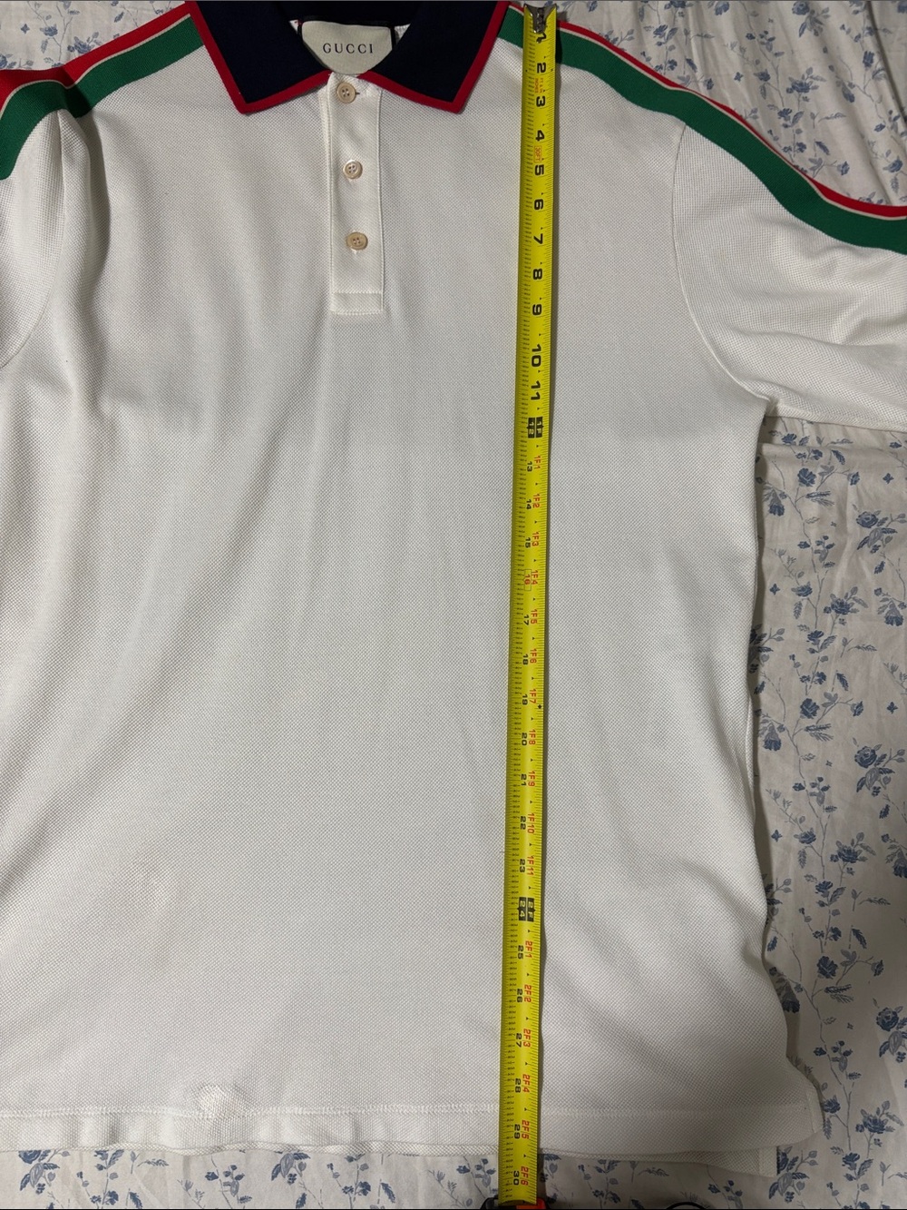Gucci White Long Sleeve Polo with Green and Red Stripe Accents and Navy Collar - Picture 6 of 6